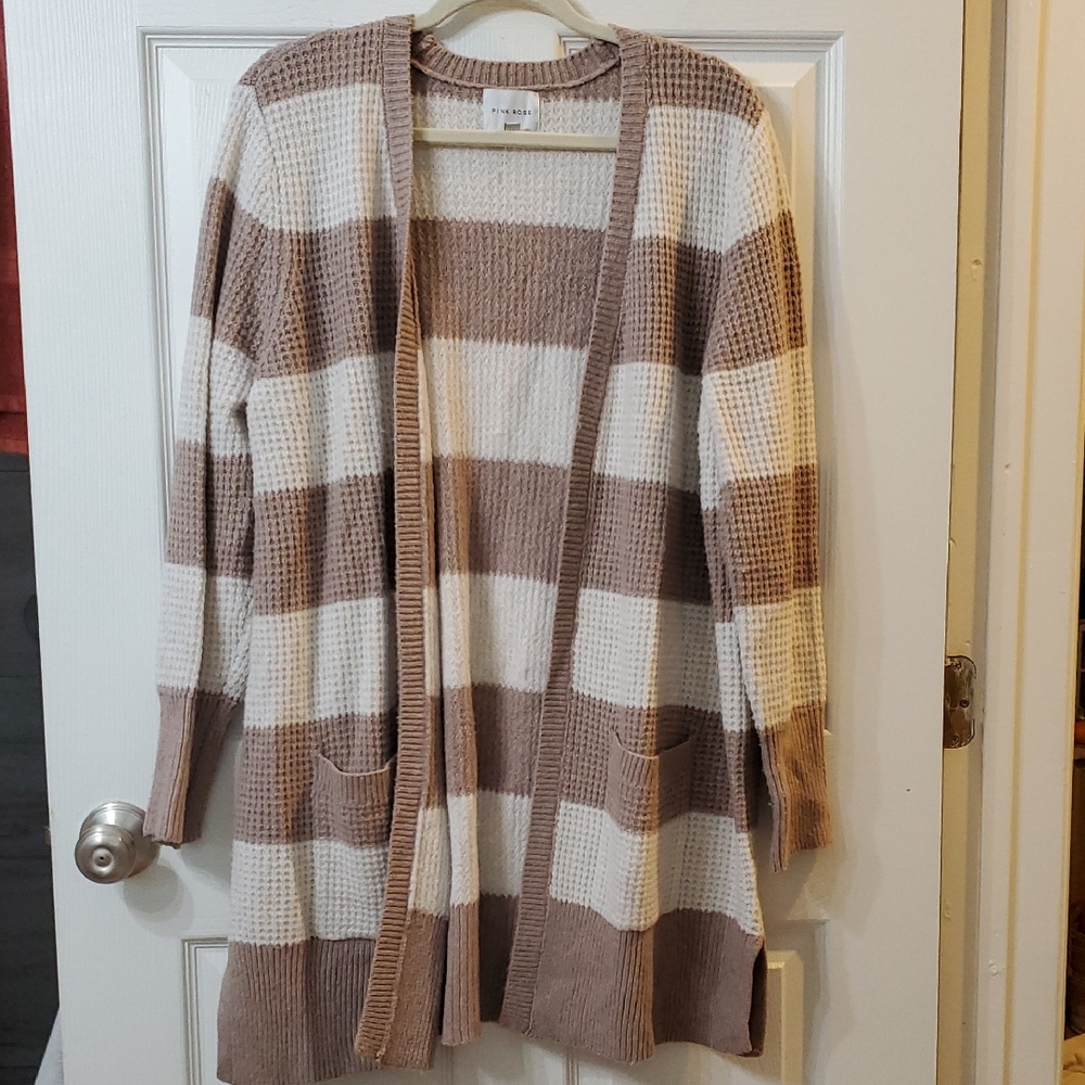 Women's Tan and White Striped Cardigan
